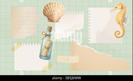 Collage im Sommerstil mit zerrissenen Notizblättern, Seepferdchen, Muschel und Nachrichtenflasche über Gitterhintergrund. Perfekt für Strandmotive. Stock Vektor