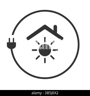 Schwarzweiß Erneuerbare Energien, solarbetriebenes Smart Home Design - Konzept mit Elektrokabel und Sonne in einem Haus Symbol auf weißem Hintergrund - CRE Stock Vektor