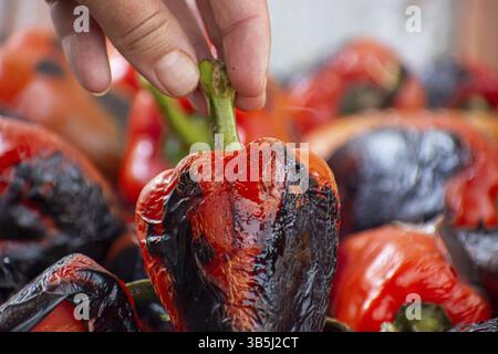 Rote Paprika rösten auf einem Holzofen in Vorbereitung für die Herstellung ajvar, ein traditionelles serbisches Gericht Stockfoto