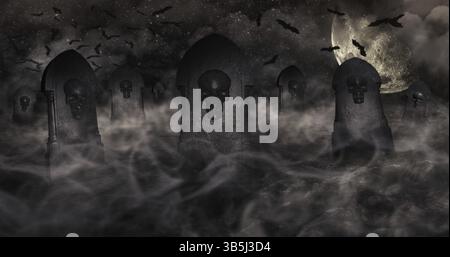 Friedhof bei Nacht mit Grabsteine mit Schädeln und bewölkter Himmel voller Sterne im Hintergrund. Halloween Konzept 3D-Bild Stockfoto