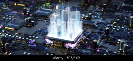 Intelligenter Chip-Prozessor für Gebäude. Smart City-Konzept. 3D-Rendering Stockfoto