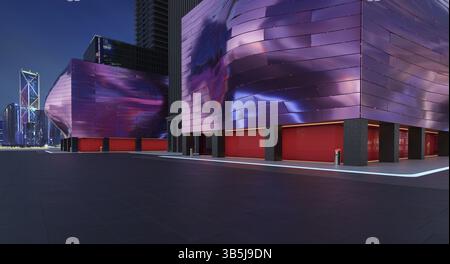 Leerer Boden mit modernen Gebäuden mit rotem Glasfenster und einer baumpfform gestalteten Stahlfassade. 3D Rendern Stockfoto