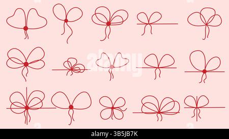 Gebunden in Schleife rotes dünnes Seil Set. Element der festlichen Verpackung der Schachtel oder des Geschenks. Einfache Linie, geknüpftes Bogengarn, Vektorgrafik Stock Vektor