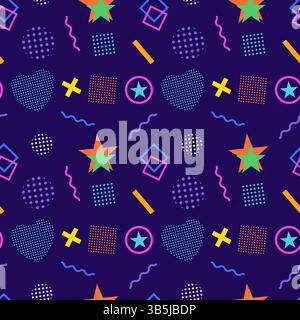 Vintage 80er Jahre nahtloses Muster im Memphis Stil mit abstrakten geometrischen Formen wie Sternen, Herzen, Kreuzen, Kreisen, Ringen, Punkte und Wellenlinien. Perfekt für Stock Vektor