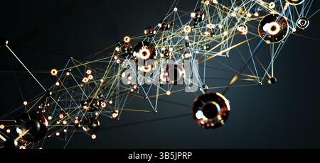 Dynamisches blaues geometrisches Netzwerk, abstrakte Darstellung von digitaler Konnektivität, Kommunikation und technologischem Web mit beweglichen Linien und Punkten Stockfoto