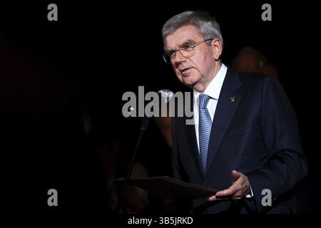 Sofia, Bulgarien - 17. Mai 2023: Präsident des Internationalen Olympischen Komitees Thomas Bach spricht während seines Besuchs in Bulgarien auf einer Veranstaltung Stockfoto