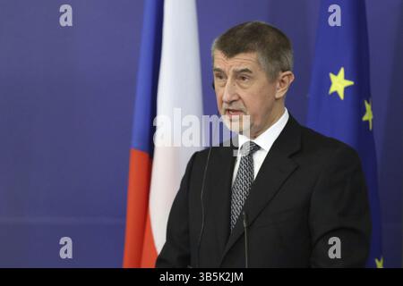 Sofia, Bulgarien - 22. Januar 2018: Der tschechische Premierminister Andrej Babis spricht auf einer Pressekonferenz nach meating seinem bulgarischen Pendant an Rat o Stockfoto