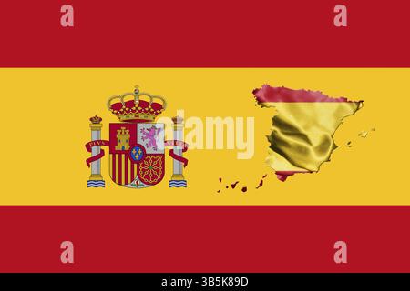 Spanische Flagge mit Staatswappen und Karte von Spanien 3D illustration Stockfoto