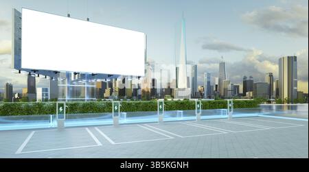 Leere Werbetafeln neben EV-Ladestationen für saubere Energie und umweltfreundliche Verkehrsmittel in einer modernen Metropole. 3D-Rendering Stockfoto