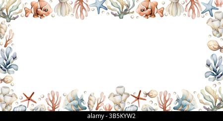 Sea Ocean Fishes Plants Frame. Niedliche Clownfische, Engelsfische, Algen, Korallen, Seesterne, Schale, Perle. Aquarell handgemalt Sommer isolierte Illustration Stockfoto