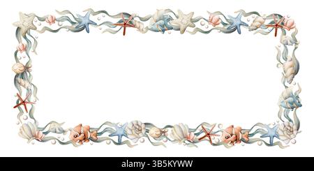 Sea Fishes Shell Seestern Seetang Perlenrahmen. Niedliche Meerestiere und -Pflanzen. Niedliche Unterwasserwelt. Aquarell handgemalt Sommer Isolate Stockfoto