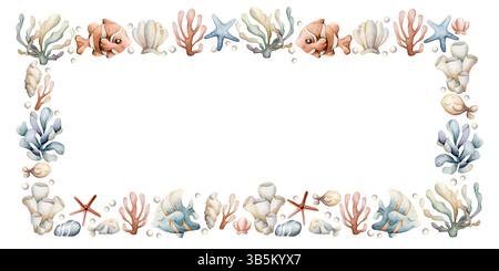 Sea Ocean Fishes Plants Frame. Niedliche Clownfische, Engelsfische, Algen, Korallen, Seesterne, Schale, Perle. Aquarell handgemalt Sommer isolierte Illustration Stockfoto