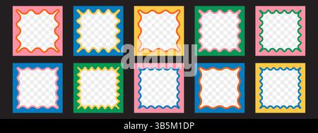 Set von gerillten Kantenrändern mit quadratischen Wellen. Verwackeln Sie Bilderrahmen mit Zick-Zack-Kanten. Moderne Vektorillustration. Stock Vektor