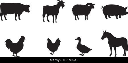 Silhouetten-Vektor Für Nutztiere – Kuh, Ziege, Schaf, Schwein, Huhn, Ente, Pferd Illustrationsset Stock Vektor