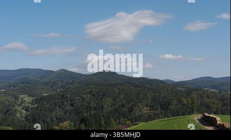 Malerischer Blick auf Rolling Hills und Waldlandschaft unter einem klaren blauen Himmel Stockfoto