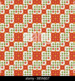 Lebendiges geometrisches Muster mit roten, orangefarbenen und grünen Blumen Stock Vektor