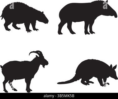 Tierwelt Silhouetten Vektor – Capybara, Tapir, Ziege, Armadillo Illustration Design Set Stock Vektor