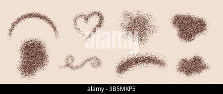 Set aus abstrakten Formen von Kaffeepulver. Realistische 3D-Schokoladenstaub- und Granulatspritzer in verschiedenen Formen. Herz, Welle, Spot und Wirbel Stock Vektor