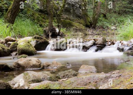 Wasser läuft über bemoosten Felsen. Mit Langzeitbelichtung Schießen Stockfoto
