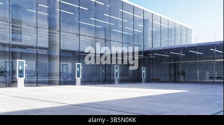 EV-Ladestationen stehen vor einem modernen Bürogebäude aus Glas bereit und symbolisieren grüne Energie und umweltbewusstes Pendeln. 3D-Rendering Stockfoto