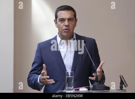 Kavala, Griechenland - 6 September 2017: Premierminister von Griechenland Alexis Tsipras spricht mit den Medien bei einer Pressekonferenz nach einem Treffen mit seinem bulgarischen counte Stockfoto