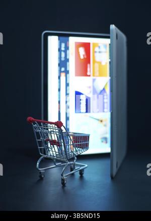 Einkaufswagen oder Wagen vor Laptop, Online-Marketing und Business Trading Konzept Stockfoto