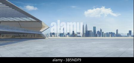 Panoramablick auf die Skyline der Stadt von einem modernen Dach an einem klaren, sonnigen Tag. 3D-Rendering Stockfoto