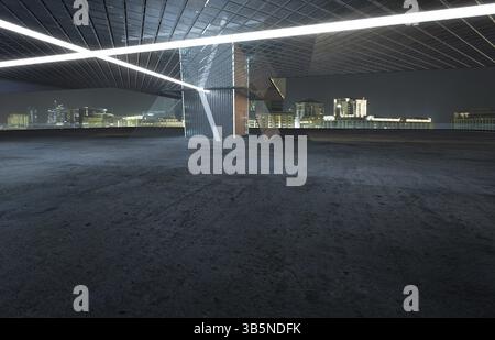 Perspektivischer Blick auf den leeren Zementboden mit modernem Stahl- und Glasgebäude. 3D-Rendering und echte Bilder gemischte Medien Stockfoto