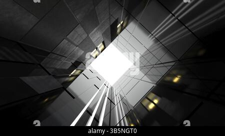 Flacher Blick auf moderne Business-Wolkenkratzer, Hochhäuser mit abstrakter Geometrie Glas- und Zementfassaden. Konzepte der Finanzen und Stockfoto