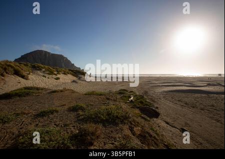 15. Juli 2022, Morro Bay, Kalifornien, USA: 15. Juli, 2022. die Sonne untergeht am Strand unter dem Felsen, der den Strand vom Hafen in Morro Bay, Kalifornien, trennt. (Kreditbild: © Ralph Lauer/ZUMA Press Wire) Stockfoto