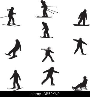 Wintersport Silhouetten: Dynamisches Skifahren, Snowboarden, Eislaufen & Rodeln Posen - Vektor-Illustration Stock Vektor