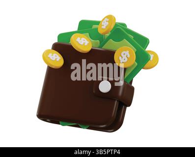 Geldbörse mit Geldsymbol 3D Rendern Konzept der Geldbörse mit Papiergeld und Goldmünzen Finanzen Icon Vektor Illustration Stock Vektor