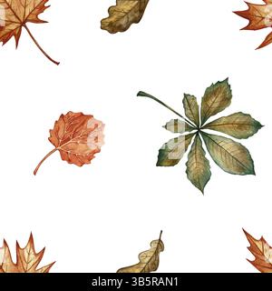 Nahtloses Muster mit verschiedenen Herbstblättern. Handgemachte Aquarellillustration. Farbbild. Ideal zum Verpacken, Dekorieren, Textilien und Tapeten, für Stockfoto