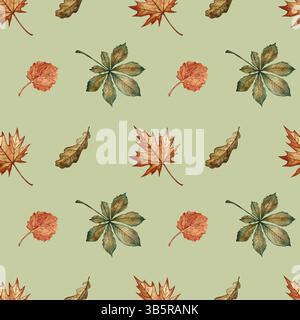 Nahtloses Muster mit verschiedenen Herbstblättern. Handgemachte Aquarellillustration. Auf farbigem Hintergrund. Ideal für Verpackungen, Dekorationen, Textilien und Wände Stockfoto