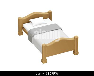 Holzbett mit Kissen und Decken-Icon Illustration 3D-Rendering Stock Vektor