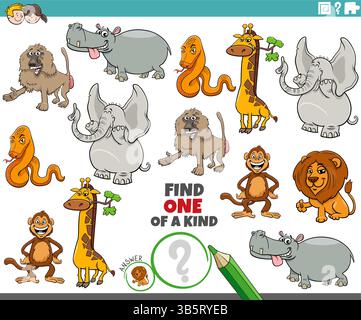 Zeichentrickillustration von Find one of a Kind Picture lehrreiches Puzzle mit wilden Tierfiguren Stock Vektor