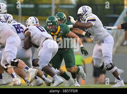 3. September 2022: Cooper Lanz (97) geht gegen Albany Great Danes und Todd Sibley (0) in der 1. Hälfte des NCAA Football-Spiels zwischen den Albany Great Danes und Baylor Bears im McLane Stadium in Waco, Texas. Matthew Lynch/CSM (Foto: © Matthew Lynch/CSM via ZUMA Press Wire) Stockfoto