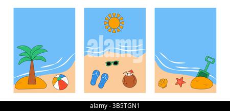 Sommer-Set mit Strandelementen und Blick auf das Meer Stock Vektor