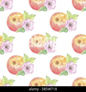 Apfelblumen nahtloses Muster Aquarell handgezeichnet. Rote gelbe, rosafarbene Früchte, grüne Blätter auf weißem Hintergrund. Herbstdruck für Tapeten Stockfoto