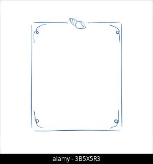 Blauer Meeresrahmen mit kritzelnden Meeresmuscheln Marine Skizzenelemente auf weißem Hintergrund für Sommerdesign Stock Vektor