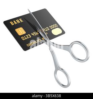 Eine Schere schneidet eine Kreditkarte, 3D-Rendering isoliert auf weißem Hintergrund Stockfoto