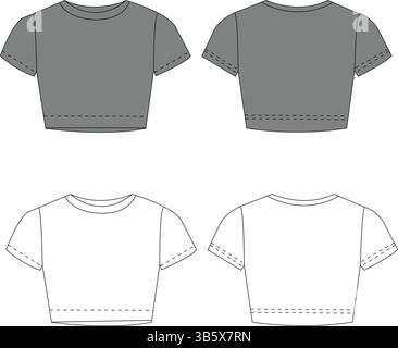 Technische Illustration des zugeschnittenen T-Shirts | flache Bekleidungsvorlage CAD | Vorder- und Rückansicht Stock Vektor