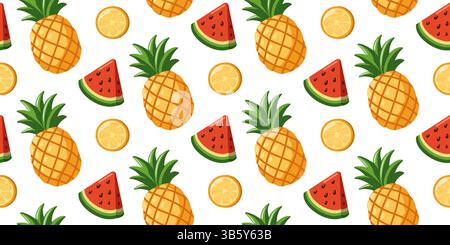Nahtloses Sommermuster mit ganzen Ananas, roter saftiger Wassermelone und gelben Zitronenscheiben. Tropischer Vektor Hintergrund Stock Vektor