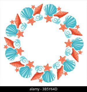 Runder Rahmen mit blauen Muscheln, roten Spiralschalen und süßen Seesternen. Sommermarinekranz. Illustration des Zeichentrickvektors Stock Vektor