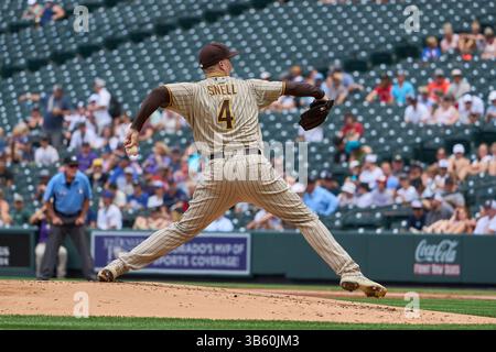14. Juli 2022: San Diego Pitcher Matt Snell (4) wirft während des Spiels mit San Diego Padres und Colorado Rockies im Coors Field in Denver Co. David Seelig/Cal Sport Medi (Bild: © David Seelig / Cal Sport Media/CSM via ZUMA Press Wire) Stockfoto
