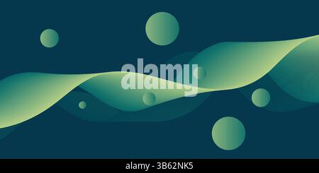 Abstrakte Wellen und Kugeln mit grünem Verlauf – Moderne Vektorkunst mit fließenden Kurven auf dunklem Hintergrund Stock Vektor