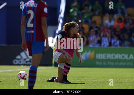 29. Mai 2022, ALCORCON, MADRID, SPANIEN: Hannah Keane von Sporting Klagen beim Finale des spanischen Frauenpokals Copa de la Reina, Fußballspiel zwischen dem FC Barcelona und dem Sporting Club de Huelva am 29. Mai 2022 in Alcorcon, Madrid Spanien. (Kreditbild: © Oscar J. Barroso/AFP7 via ZUMA Press Wire) Stockfoto