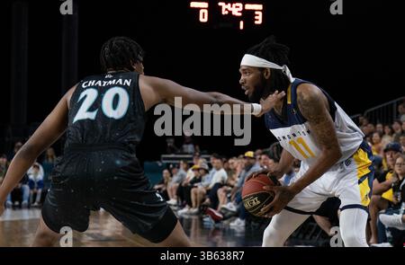 12. Juni 2022, Edmonton, Alberta, Kanada: MARLON JOHNSON (11) von den Edmonton Stingers sucht nach einem Pass, als KAMERON CHATMAN (20) von den Scarborough Shooting Stars ihn bewacht. Die Edmonton Stingers veranstalteten die Scarborough Shooting Stars im .Edmonton Expo Centre in Edmonton, Alberta. (Kreditbild: © Matthew Helfrich/ZUMA Press Wire) Stockfoto