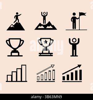 Symbolsatz Motivation und Wachstum | Symbole für Erfolg, Erfolg, Trophäe und Geschäftsfortschritt | Traum groß, Erfolgsziel, persönliches Wachstum, Ziel erreicht Stock Vektor