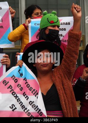 30. Juni 2022, Lima, Lima, Peru: Gahela Cari, Aktivistin und Transgender-Frau demonstrieren, wenn Transgender-Frauen aus der LGBT-Gemeinschaft und Sympathisanten vor der Staatsanwaltschaft einen Sit-in halten, um gegen die fehlende Sicherheit und die Aggression und Erpressung zu protestieren, deren Opfer sie von Zuhältern sind. Am 29. Juni wurde Sharon in der Innenstadt von Lima erschossen, weil er Zuhältern keinen Schutz gewährt hatte. (Bild: © Carlos Garcia Granthon/ZUMA Press Wire) Stockfoto